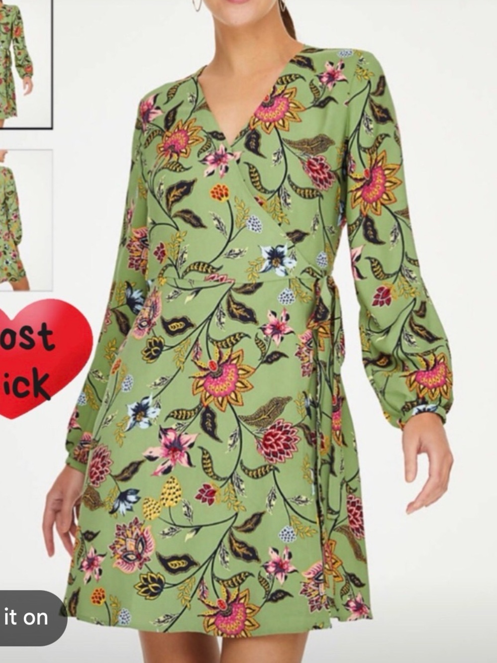 LOFT Green Floral Long Sleeve Wrap Dress